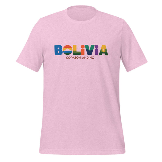 T-shirt con diseño colorido del país Bolivia con texto “Bolivia – Corazón Andino”.