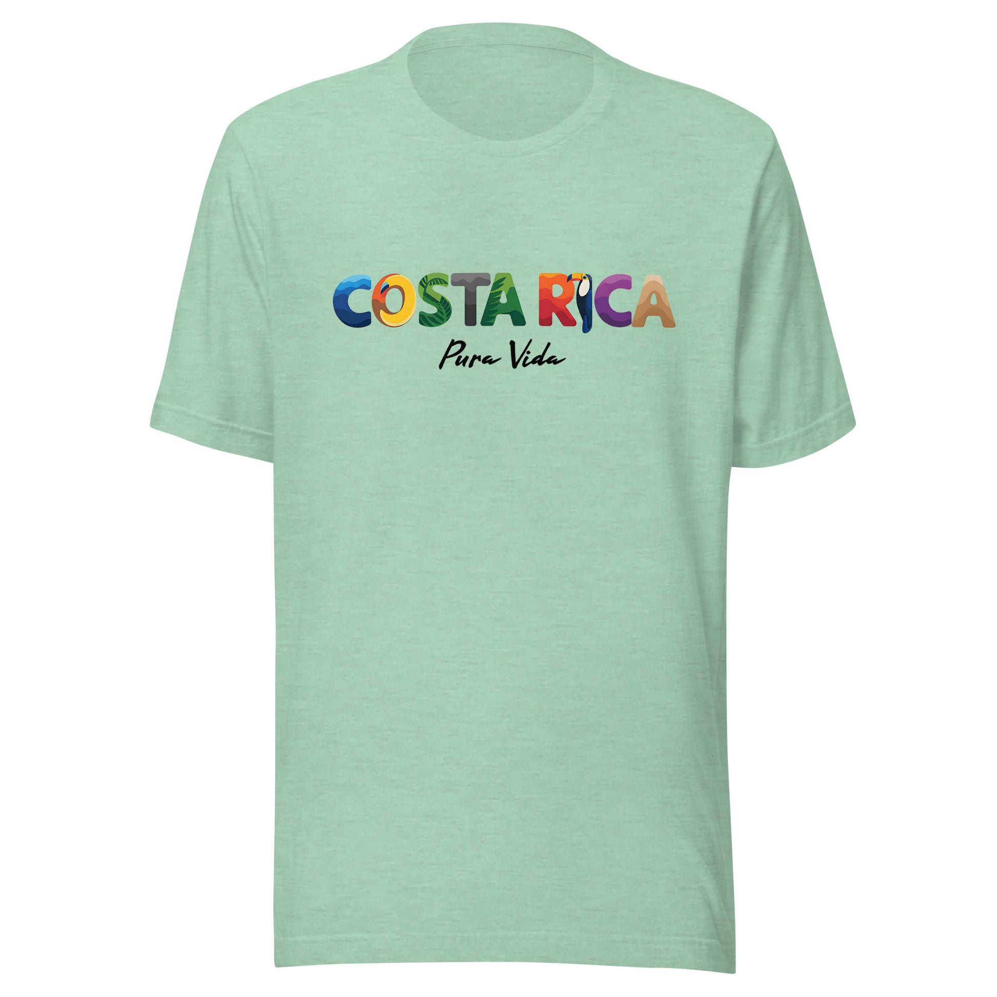 T-shirt con diseño colorido del país Costa Rica con texto “Costa Rica – Pura Vida”.