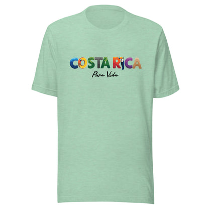 T-shirt con diseño colorido del país Costa Rica con texto “Costa Rica – Pura Vida”.