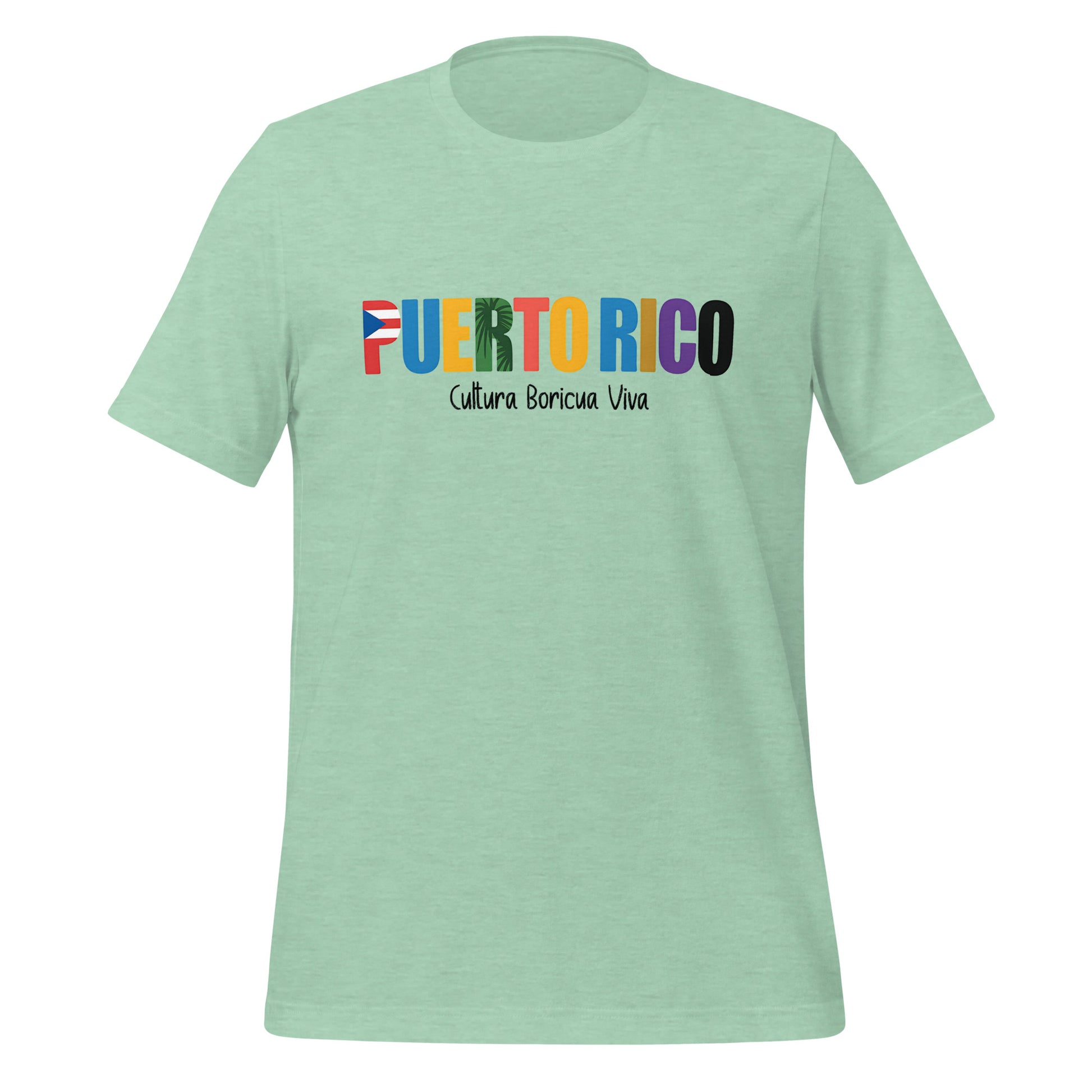 T-shirt con diseño colorido del país Puerto Rico con texto “Puerto Rico – Cultura Boricua Viva”.