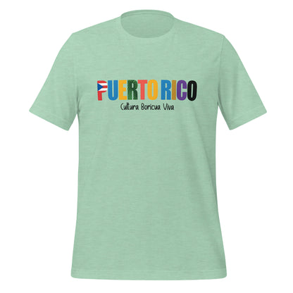 T-shirt con diseño colorido del país Puerto Rico con texto “Puerto Rico – Cultura Boricua Viva”.