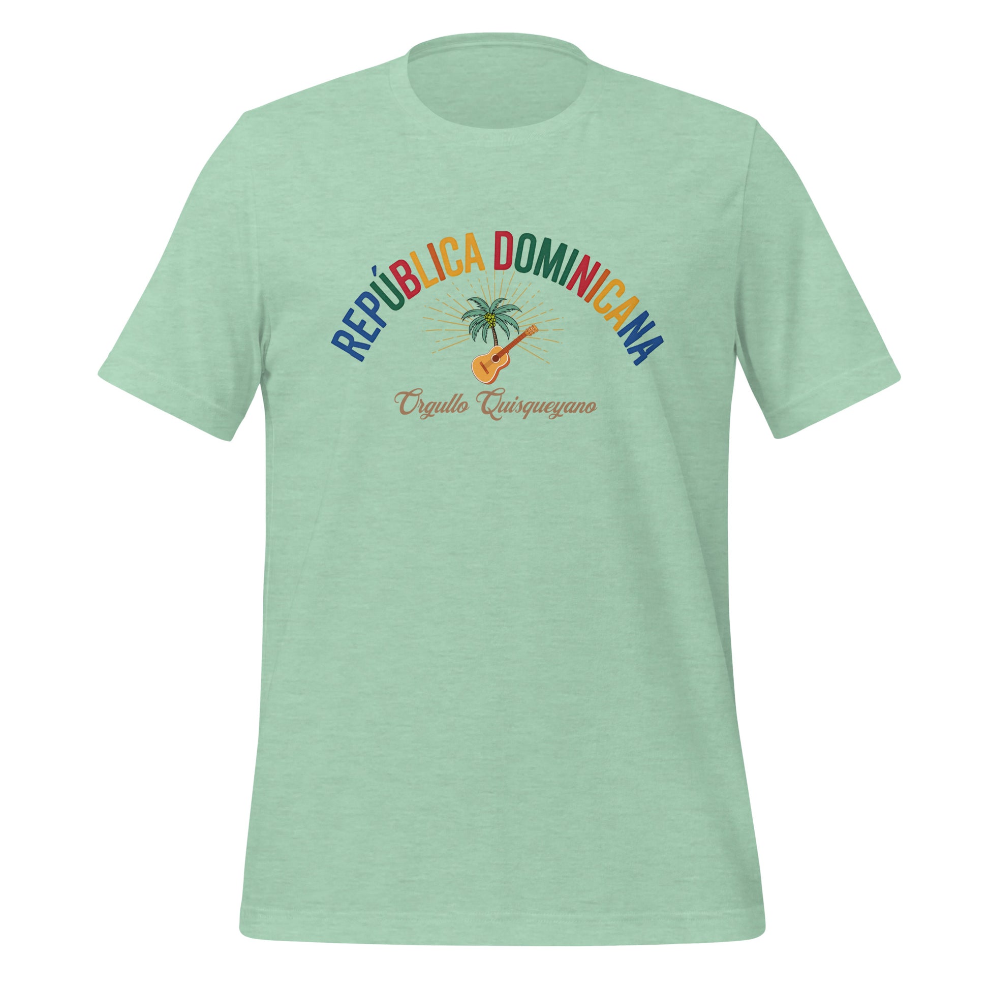 T-shirt con diseño colorido del país República Dominicana con texto “República Dominicana – Orgullo Caribeño”.