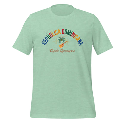 T-shirt con diseño colorido del país República Dominicana con texto “República Dominicana – Orgullo Caribeño”.