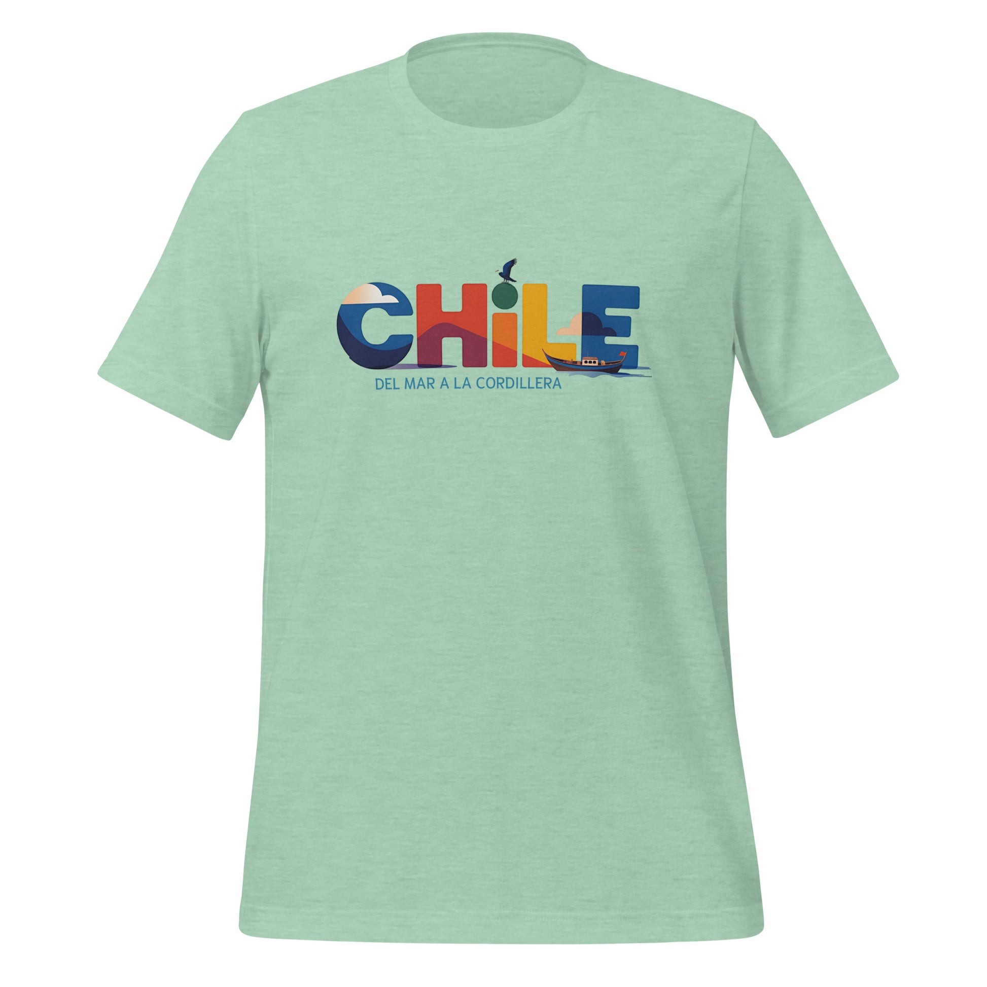T-shirt con diseño colorido del país Chile con texto “Chile – Del Mar a la Cordillera”.