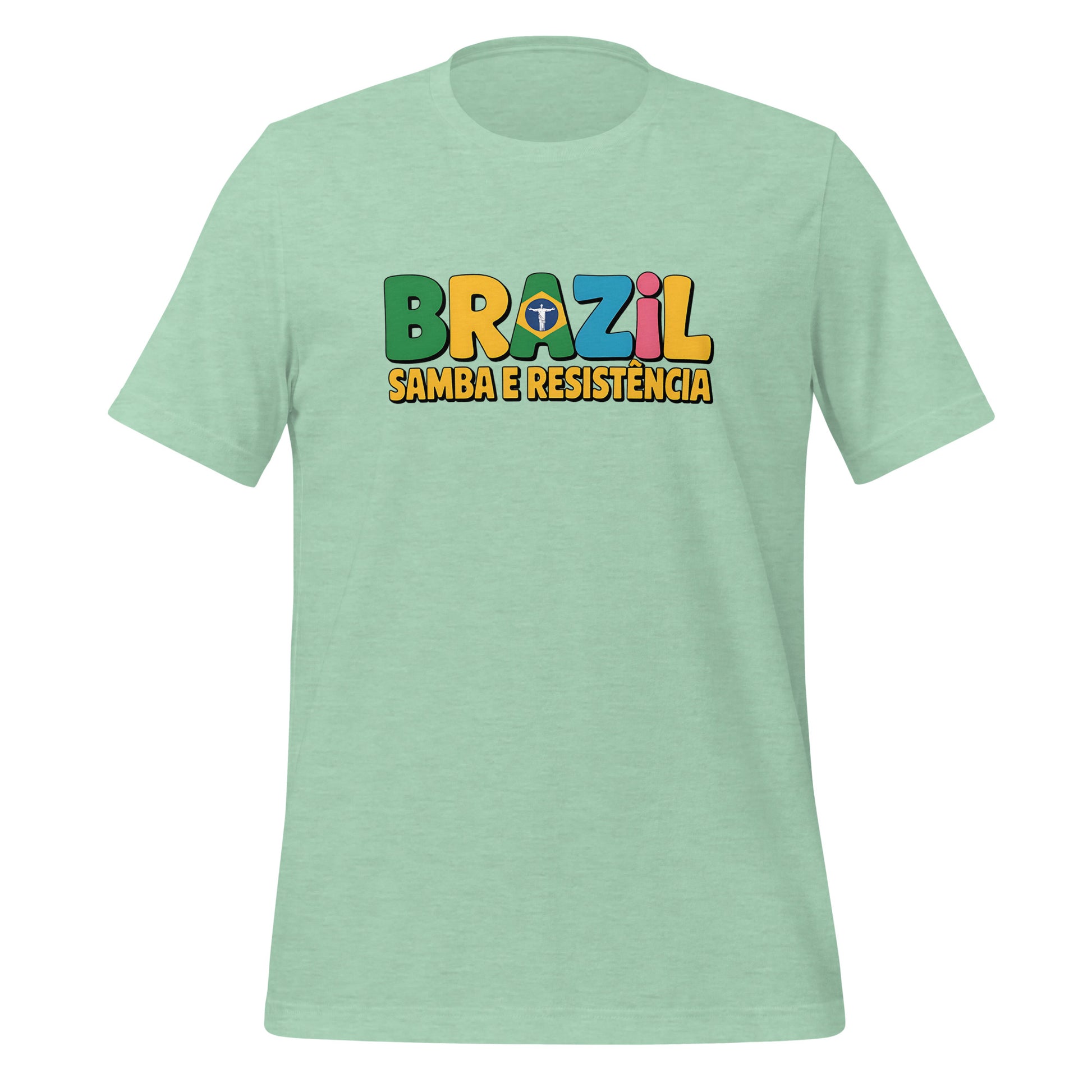T-shirt con diseño colorido del país Brazil con texto “Brazil – Samba e Resistência”.