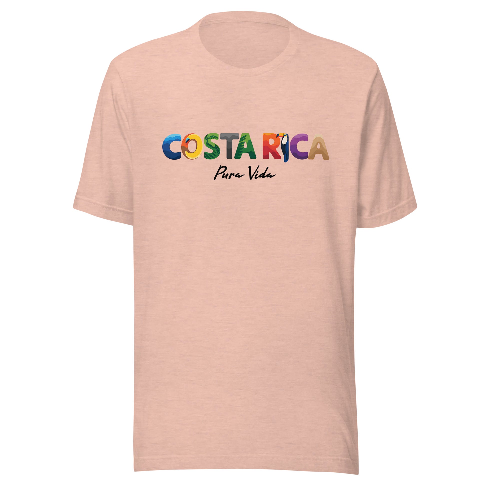T-shirt con diseño colorido del país Costa Rica con texto “Costa Rica – Pura Vida”.