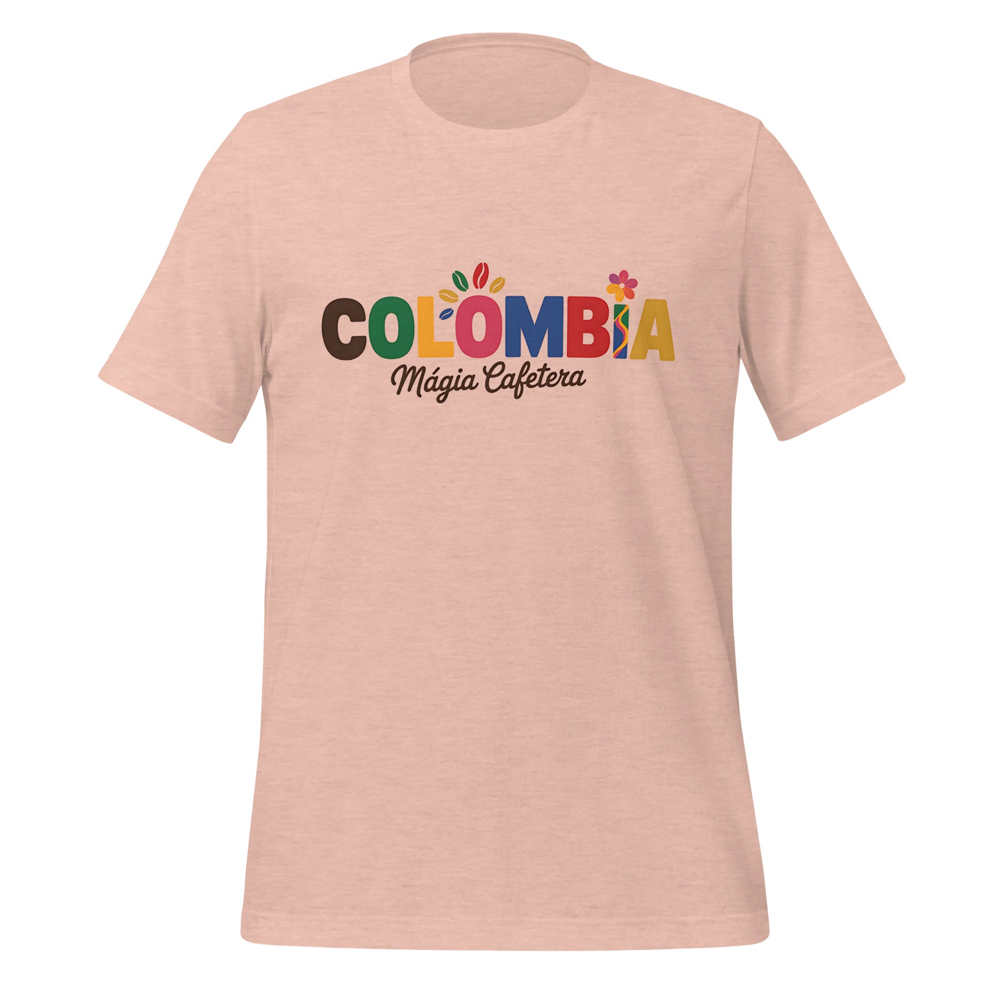 T-shirt con diseño colorido del país Colombia con texto “Colombia – Magia Cafetera”.
