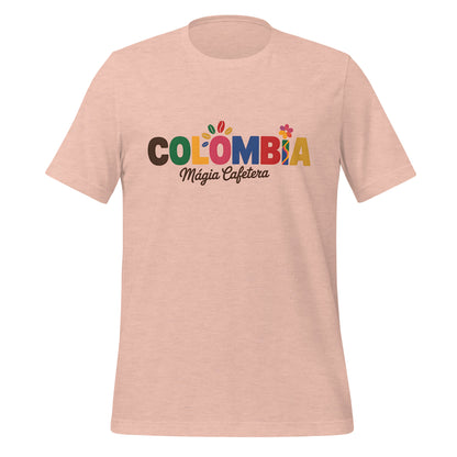 T-shirt con diseño colorido del país Colombia con texto “Colombia – Magia Cafetera”.