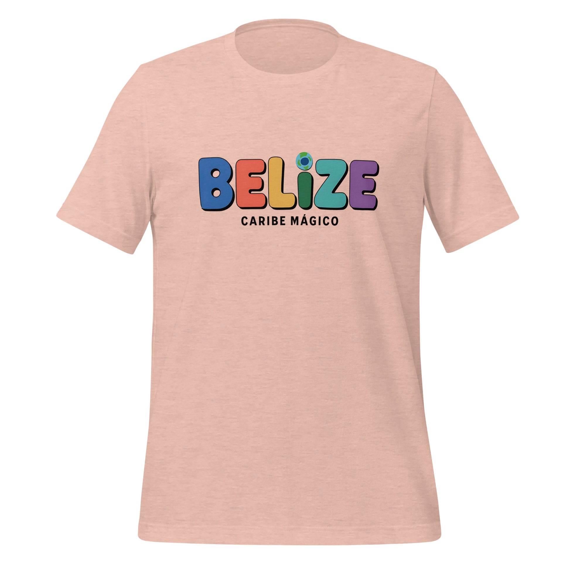 T-shirt con diseño colorido del país Belize con texto “Belize – Caribe Mágico”.