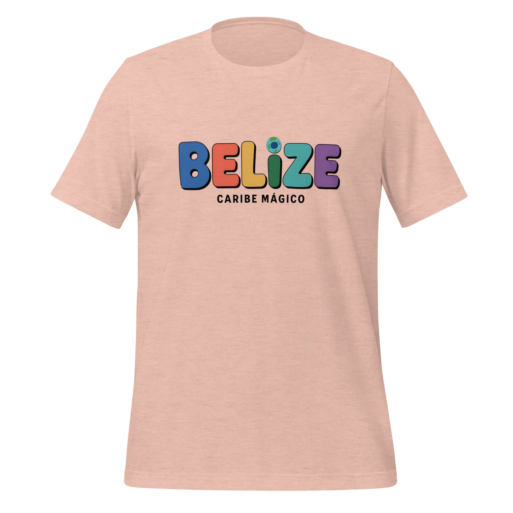 T-shirt con diseño colorido del país Belize con texto “Belize – Caribe Mágico”.