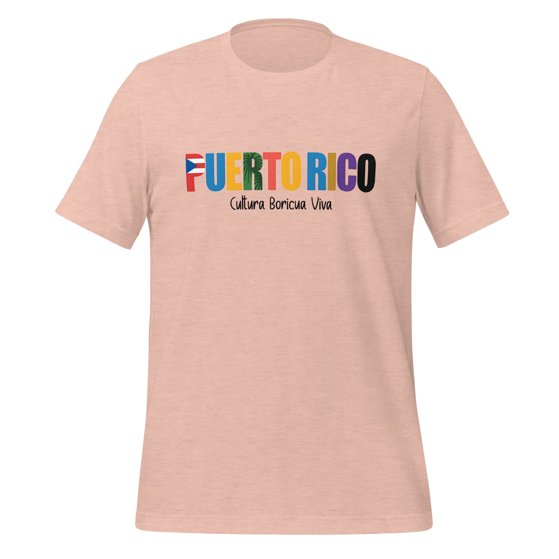 T-shirt con diseño colorido del país Puerto Rico con texto “Puerto Rico – Cultura Boricua Viva”.