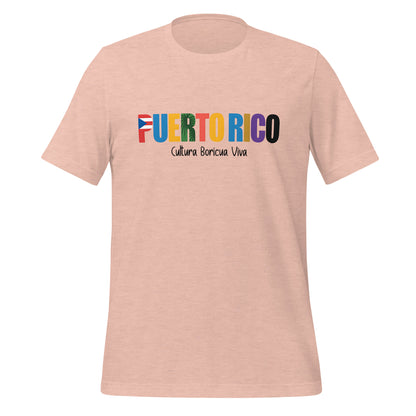 T-shirt con diseño colorido del país Puerto Rico con texto “Puerto Rico – Cultura Boricua Viva”.