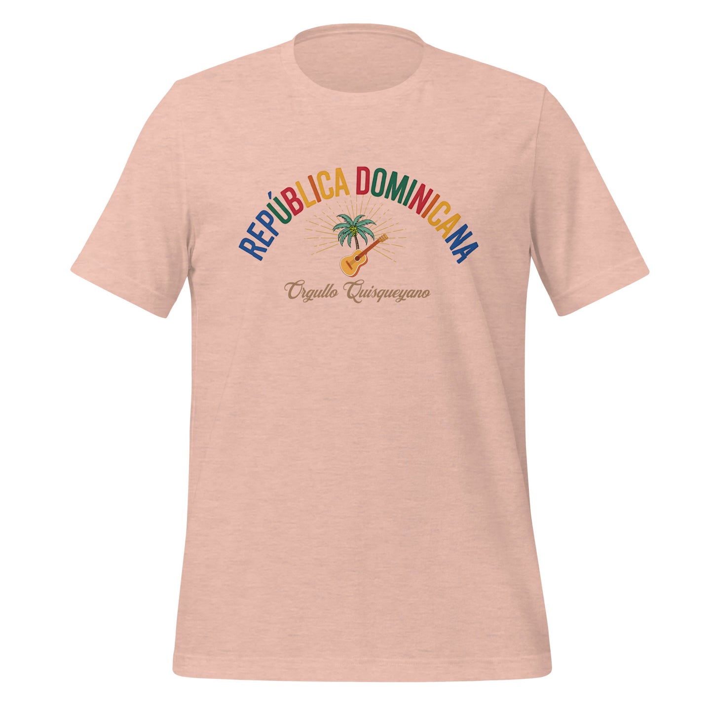 T-shirt con diseño colorido del país República Dominicana con texto “República Dominicana – Orgullo Caribeño”.