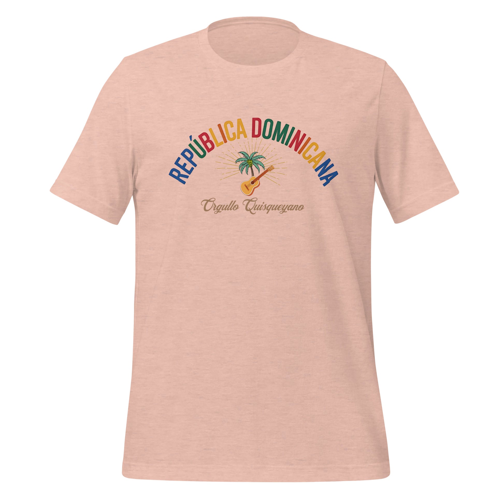 T-shirt con diseño colorido del país República Dominicana con texto “República Dominicana – Orgullo Caribeño”.
