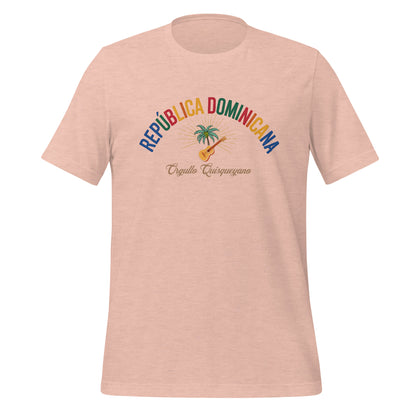 T-shirt con diseño colorido del país República Dominicana con texto “República Dominicana – Orgullo Caribeño”.