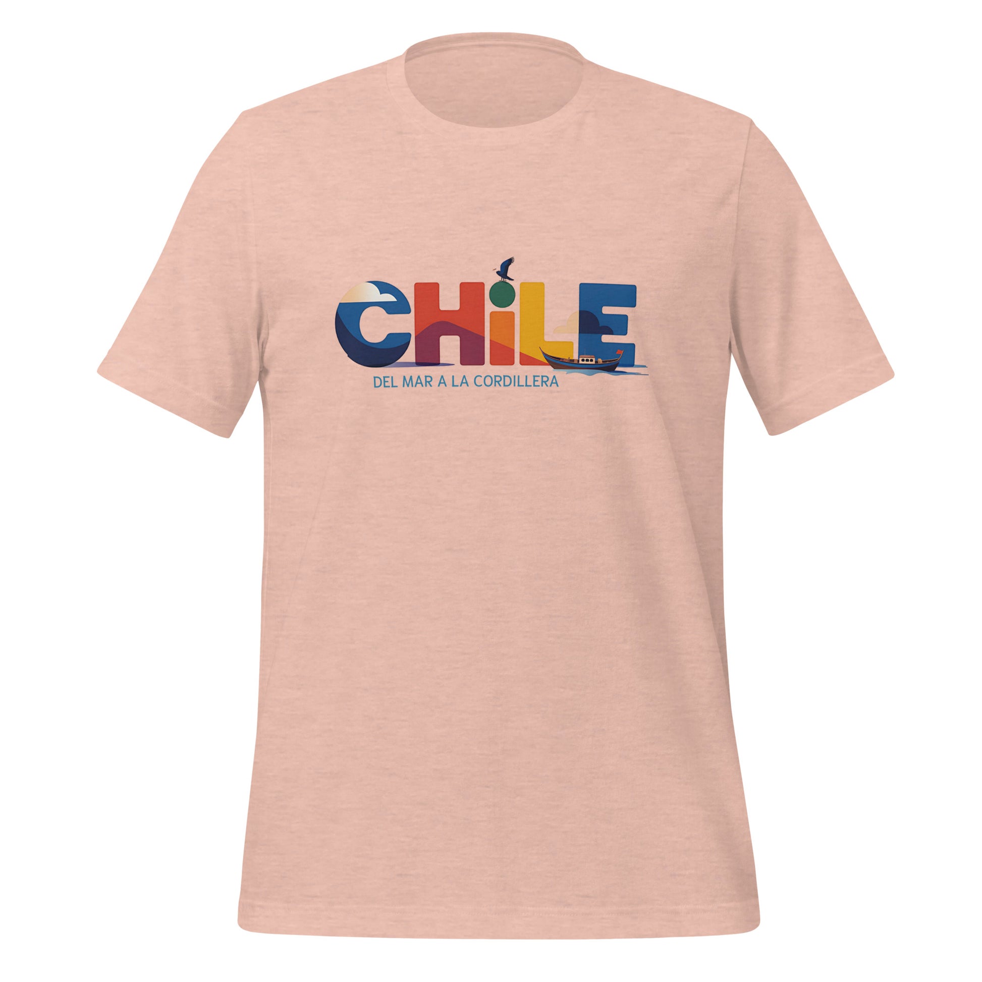 T-shirt con diseño colorido del país Chile con texto “Chile – Del Mar a la Cordillera”.