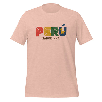 T-shirt con diseño colorido del país Perú con texto “Perú – Sabor Inka”.
