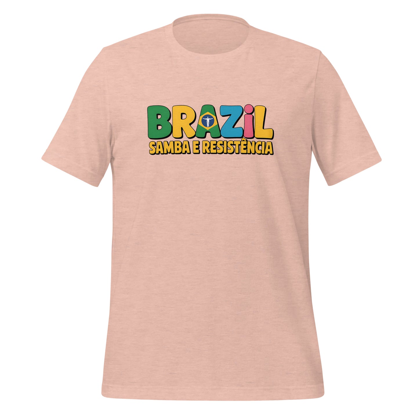 T-shirt con diseño colorido del país Brazil con texto “Brazil – Samba e Resistência”.