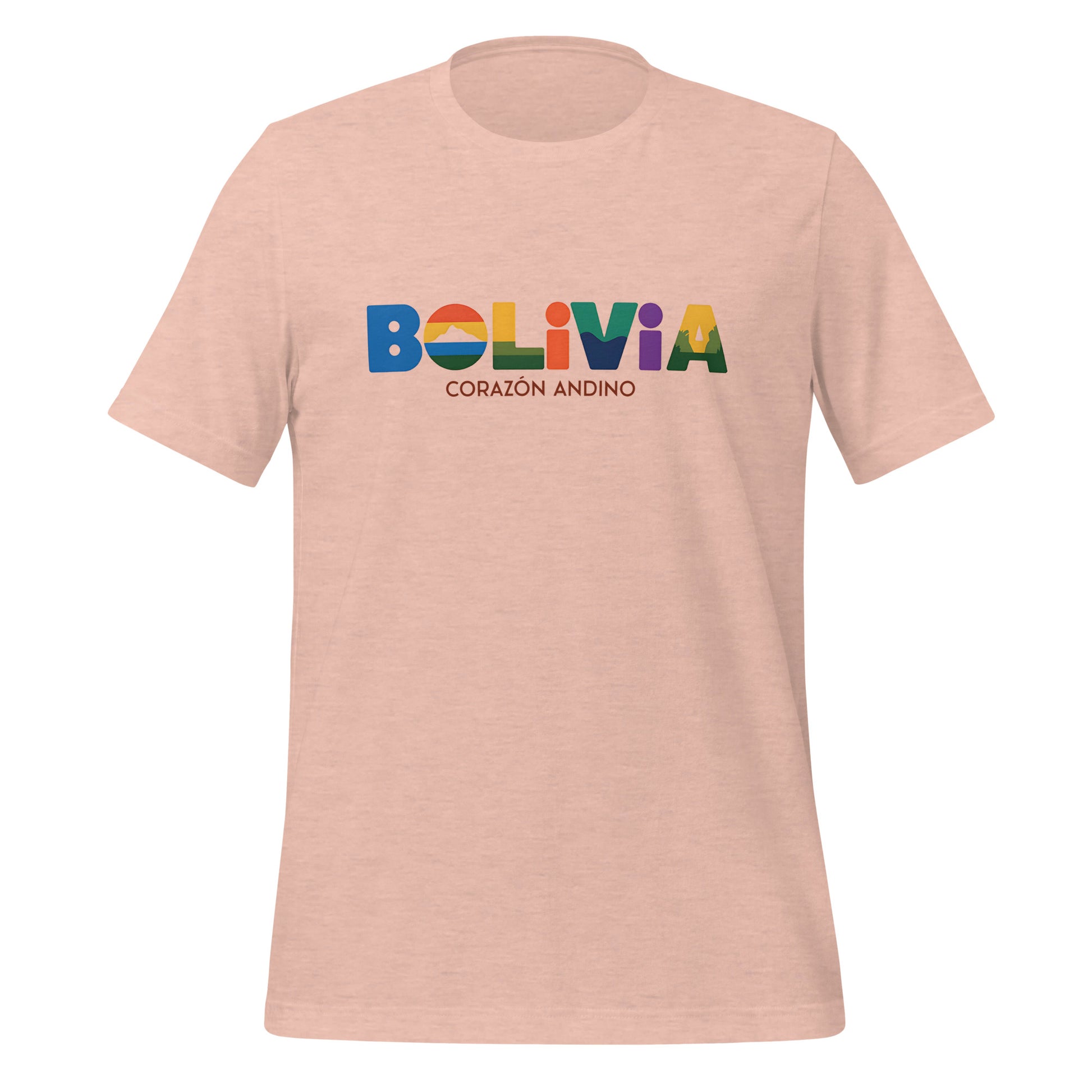 T-shirt con diseño colorido del país Bolivia con texto “Bolivia – Corazón Andino”.