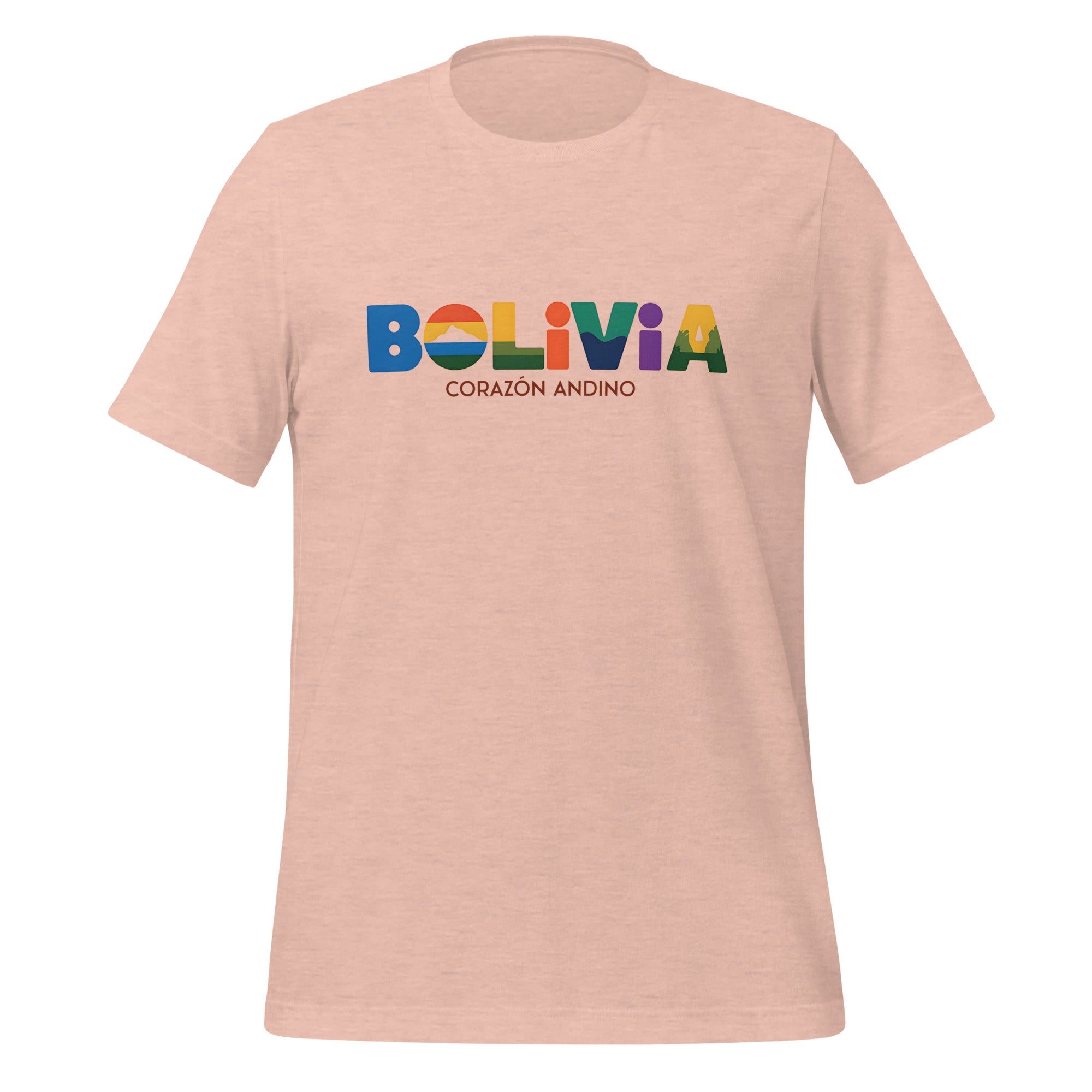 T-shirt con diseño colorido del país Bolivia con texto “Bolivia – Corazón Andino”.