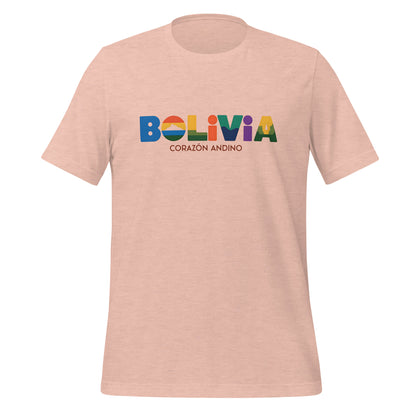 T-shirt con diseño colorido del país Bolivia con texto “Bolivia – Corazón Andino”.