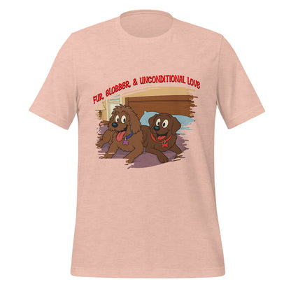 Cartoon T-shirt featuring two happy dogs named Jake and Maggie on a bed with the quote “Fur, Slobber, & Unconditional Love”

