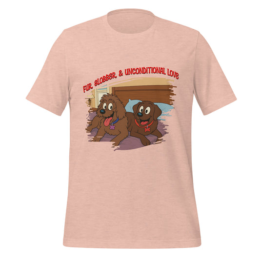 Cartoon T-shirt featuring two happy dogs named Jake and Maggie on a bed with the quote “Fur, Slobber, & Unconditional Love”

