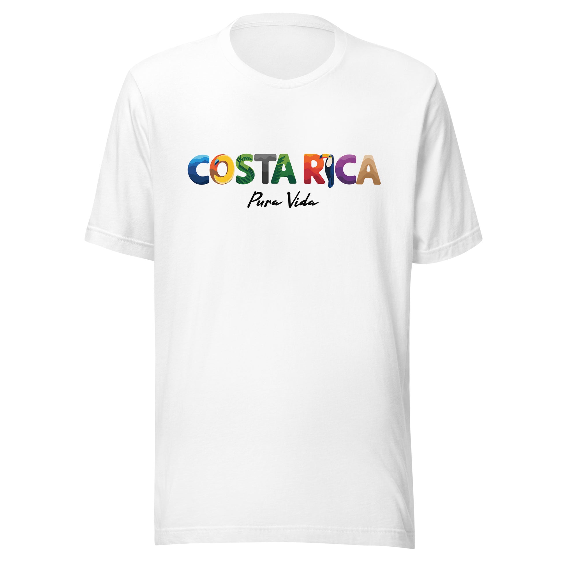 T-shirt con diseño colorido del país Costa Rica con texto “Costa Rica – Pura Vida”.