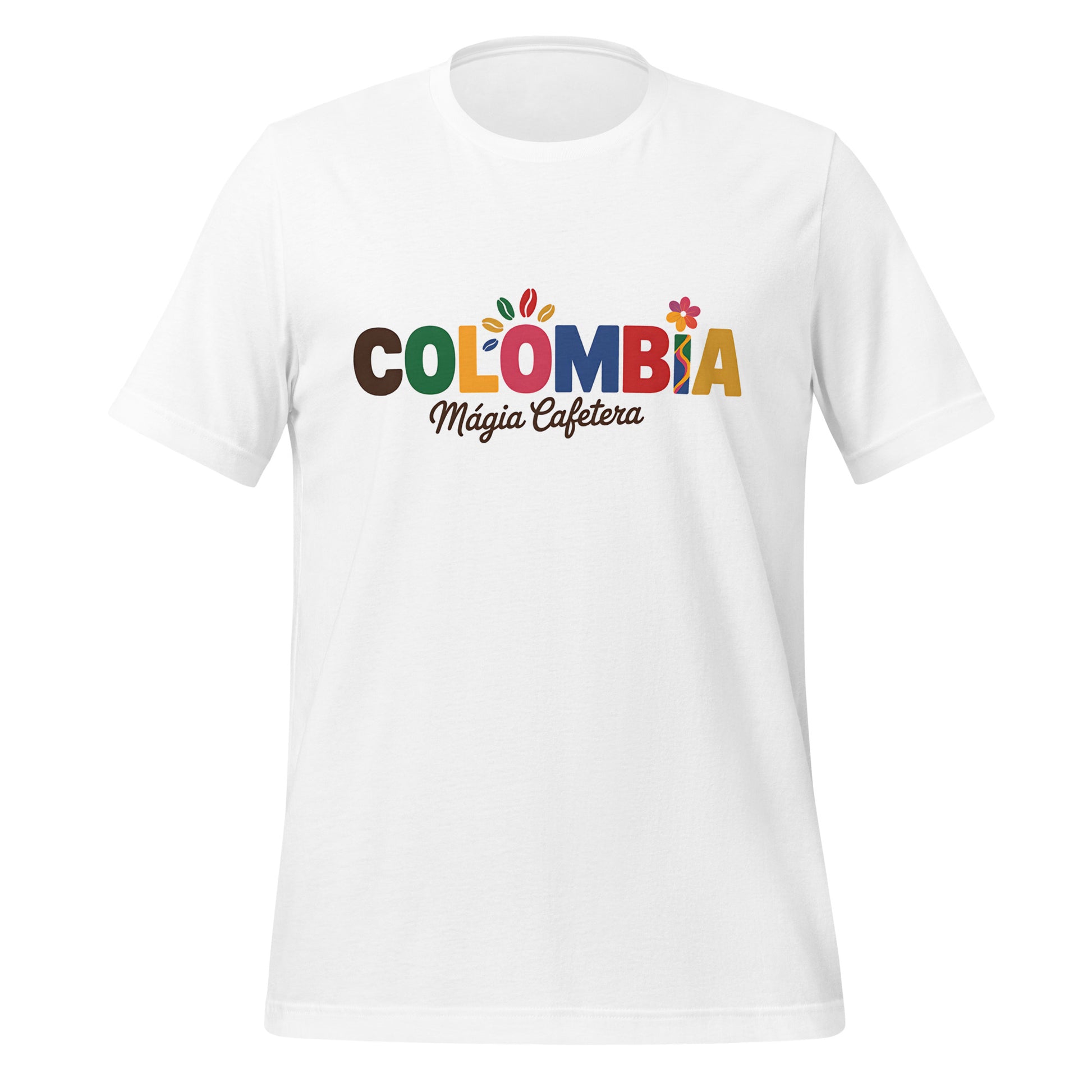 T-shirt con diseño colorido del país Colombia con texto “Colombia – Magia Cafetera”.