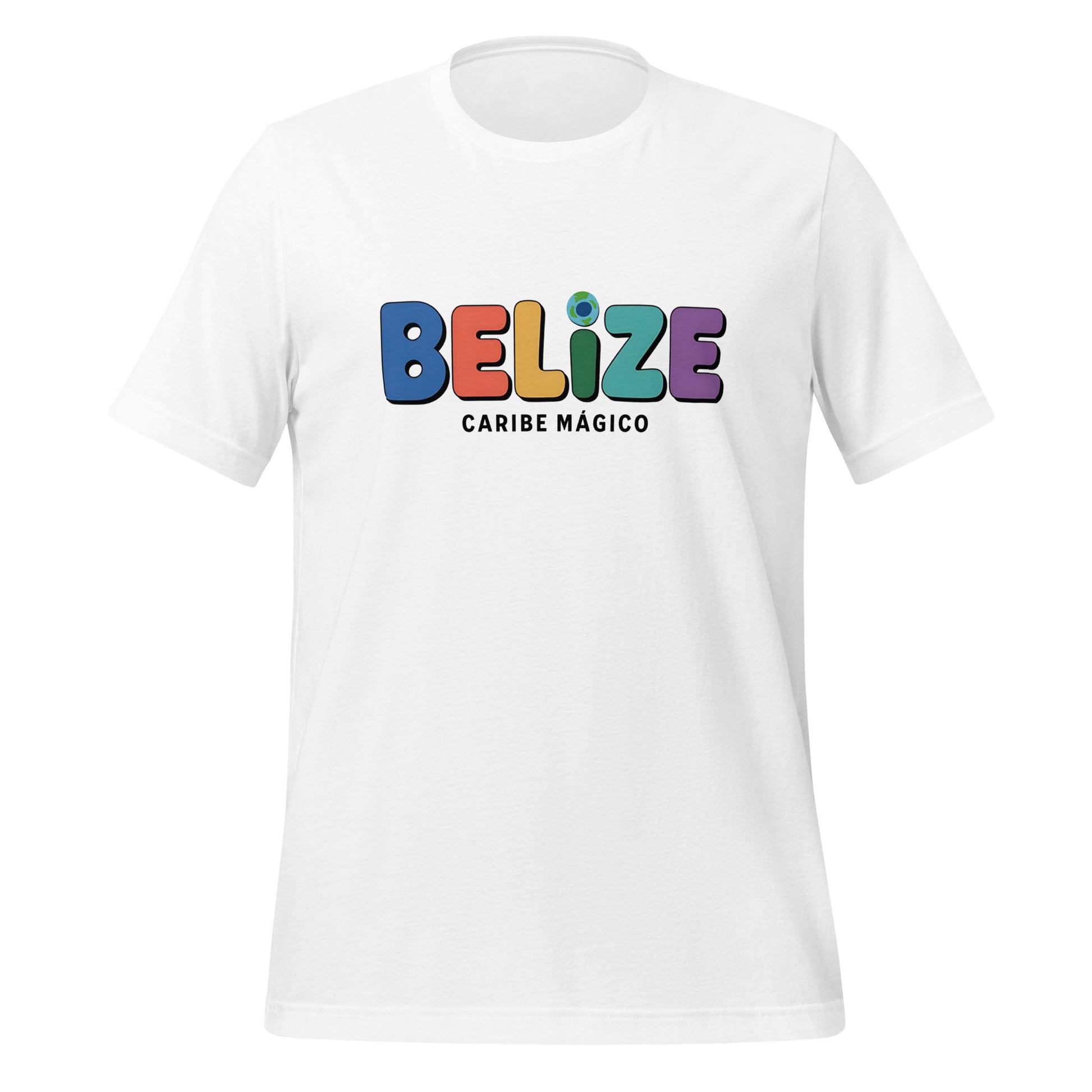 T-shirt con diseño colorido del país Belize con texto “Belize – Caribe Mágico”.