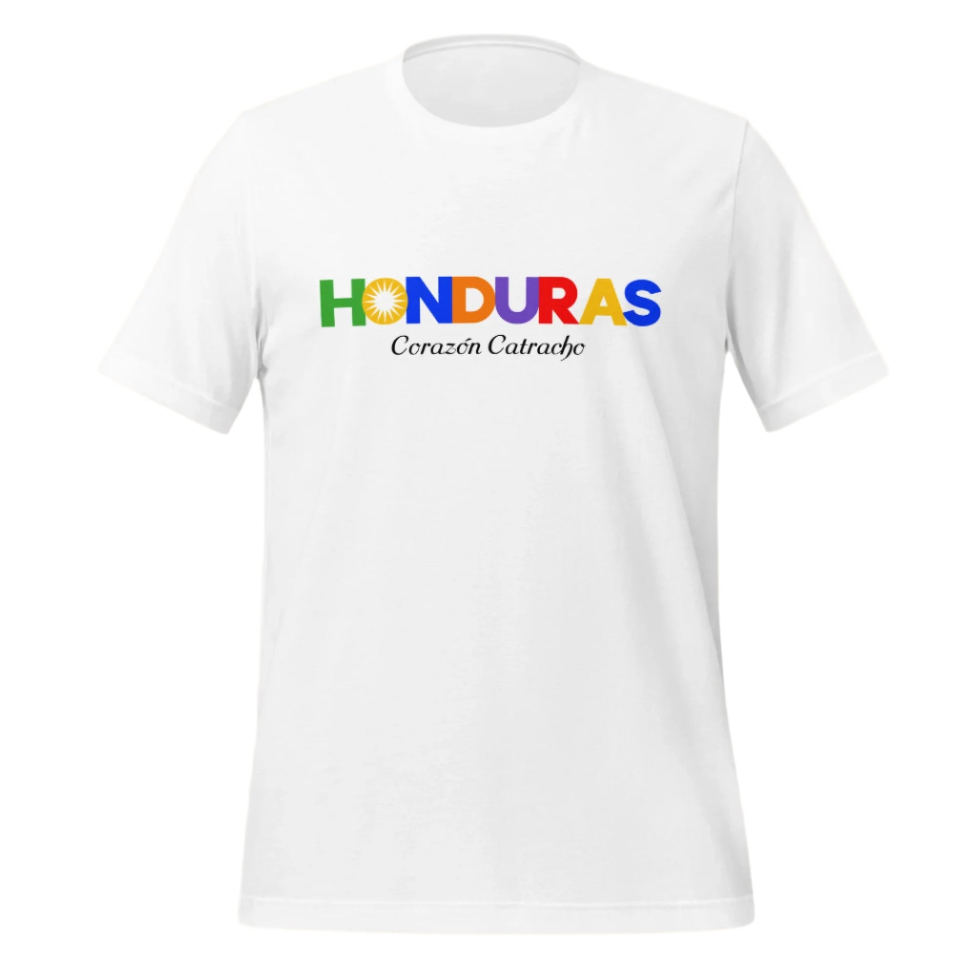 T-shirt con diseño colorido del país Honduras con texto “Honduras – Corazón Catracho”