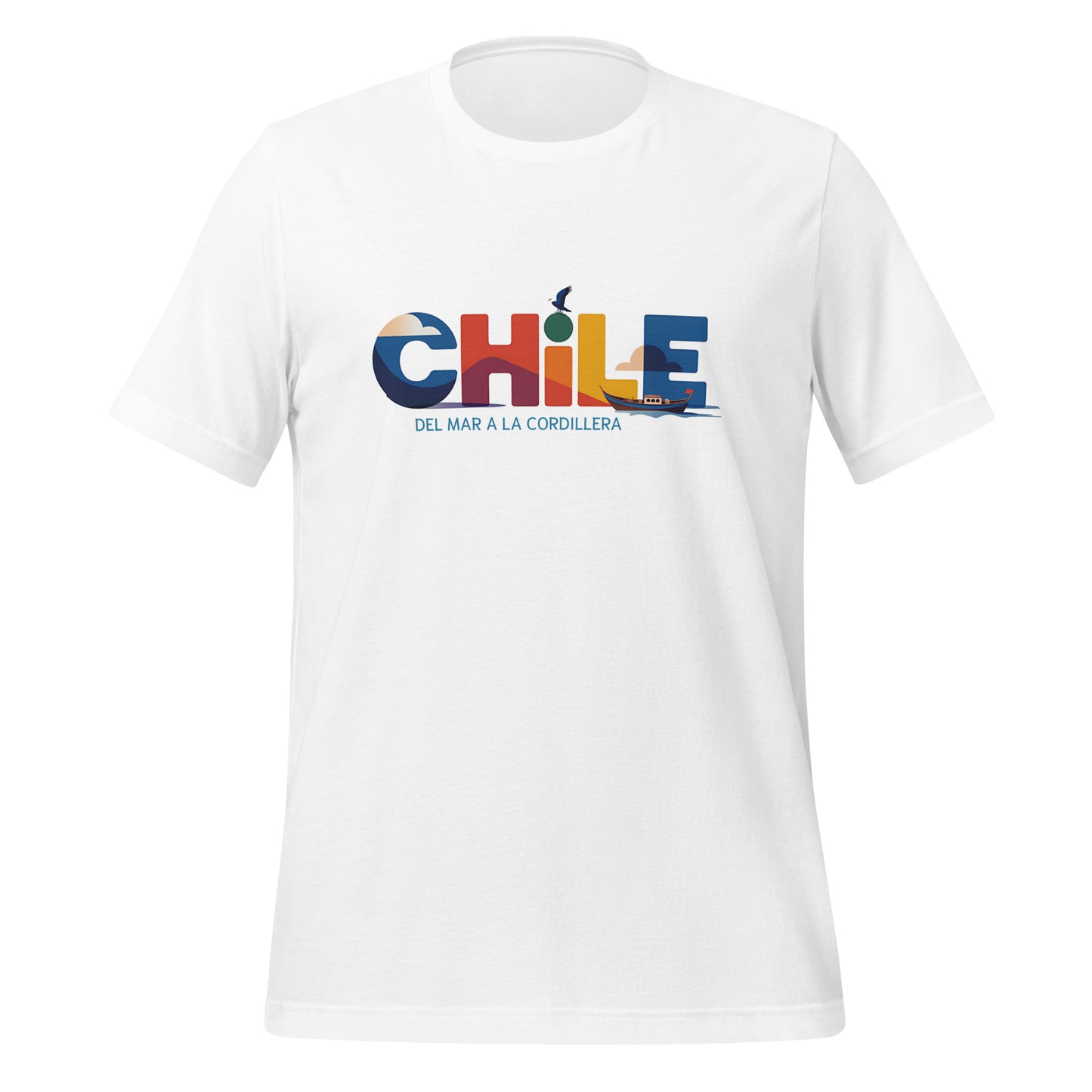 T-shirt con diseño colorido del país Chile con texto “Chile – Del Mar a la Cordillera”.