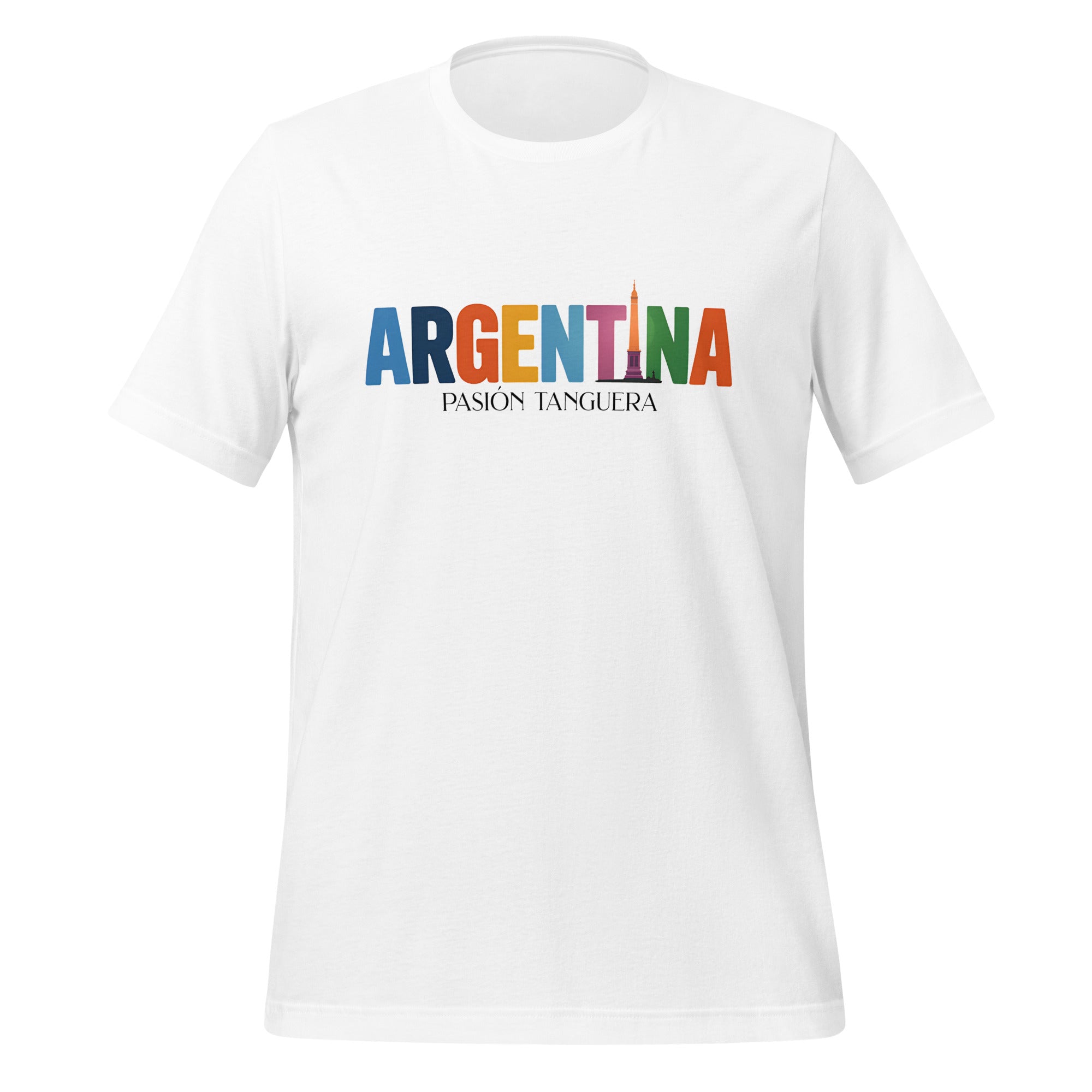 T-shirt con diseño colorido del país Argentina con texto “Argentina – Pasión y Cultura”.