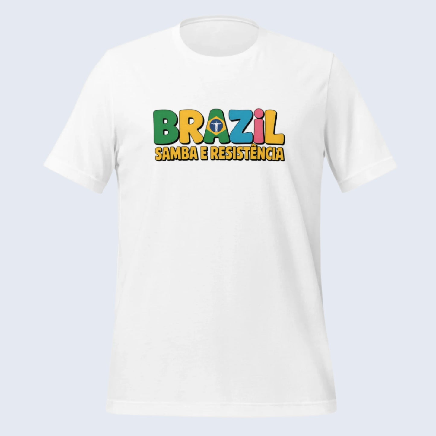 T-shirt con diseño colorido del país Brazil con texto “Brazil – Samba e Resistência”.