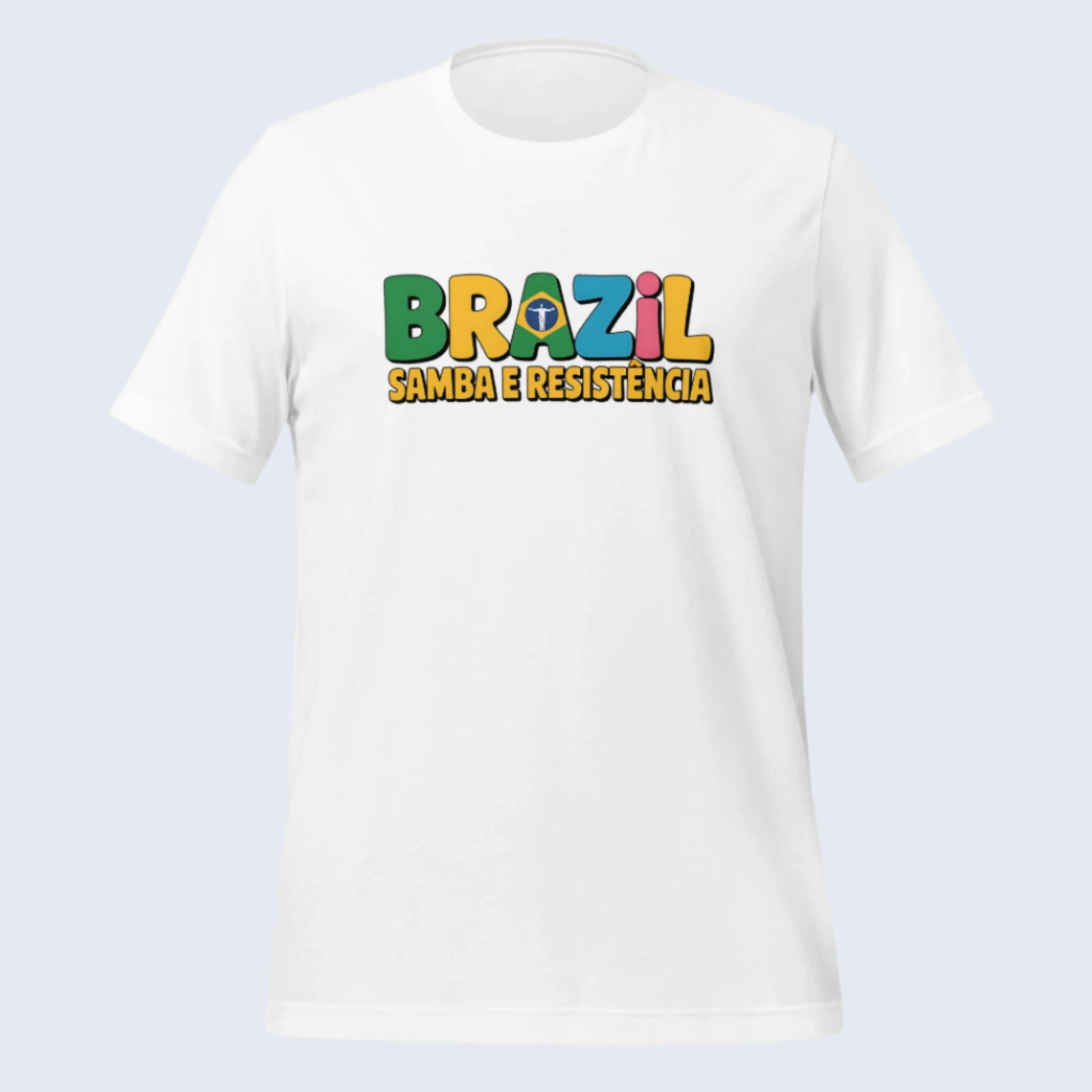 T-shirt con diseño colorido del país Brazil con texto “Brazil – Samba e Resistência”.