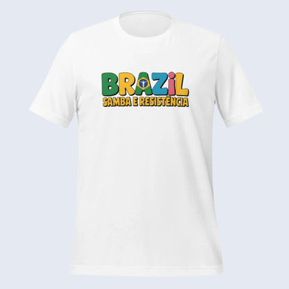 T-shirt con diseño colorido del país Brazil con texto “Brazil – Samba e Resistência”.