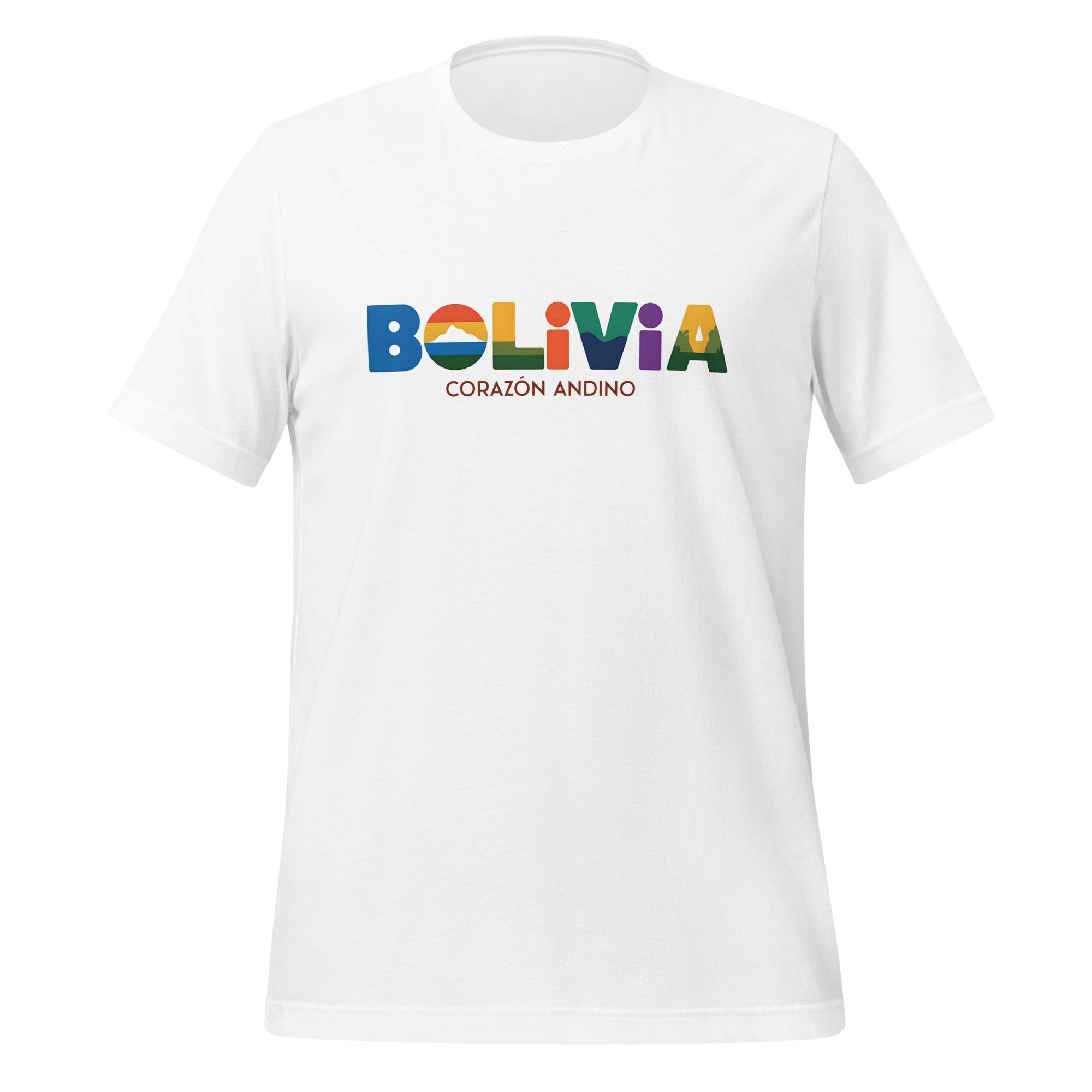 T-shirt con diseño colorido del país Bolivia con texto “Bolivia – Corazón Andino”.